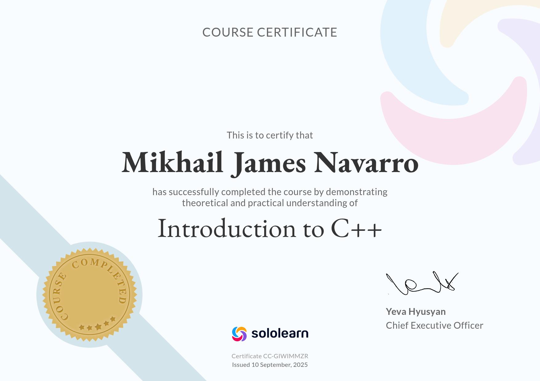Introduction to C++ certificate preview